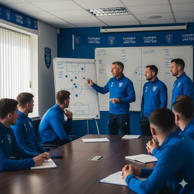 Soccer staff reviewing tactics on a whiteboard